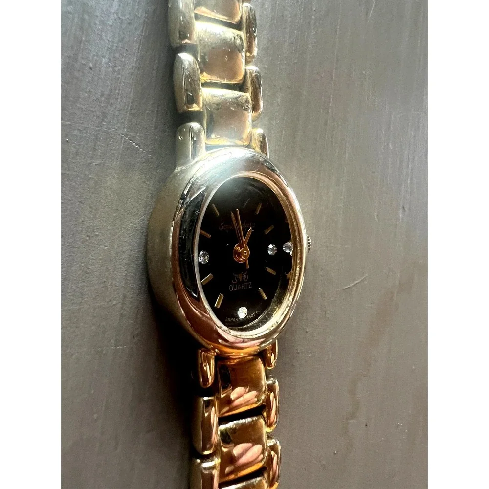 Sergio Valente Women's Watch Gold Tone Oval Black Dial Crystal Japan Mov't Dress
